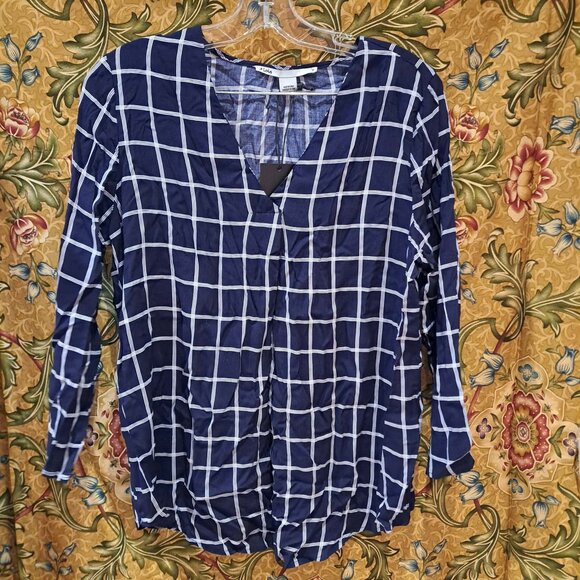 Lois Jeans Tops - Navy checkered long sleeve blouse top for women